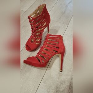 Michael Kors MK Size 7.5 Red Gold Strappy High Heel Sandals Clarissa Gladiator